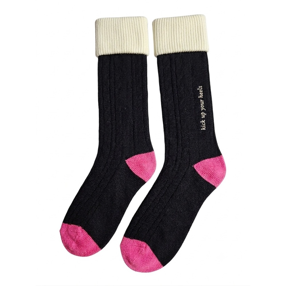 Kate Spade New York Cable Knit Knee High Socks Black Cream Pink One Size NWT
